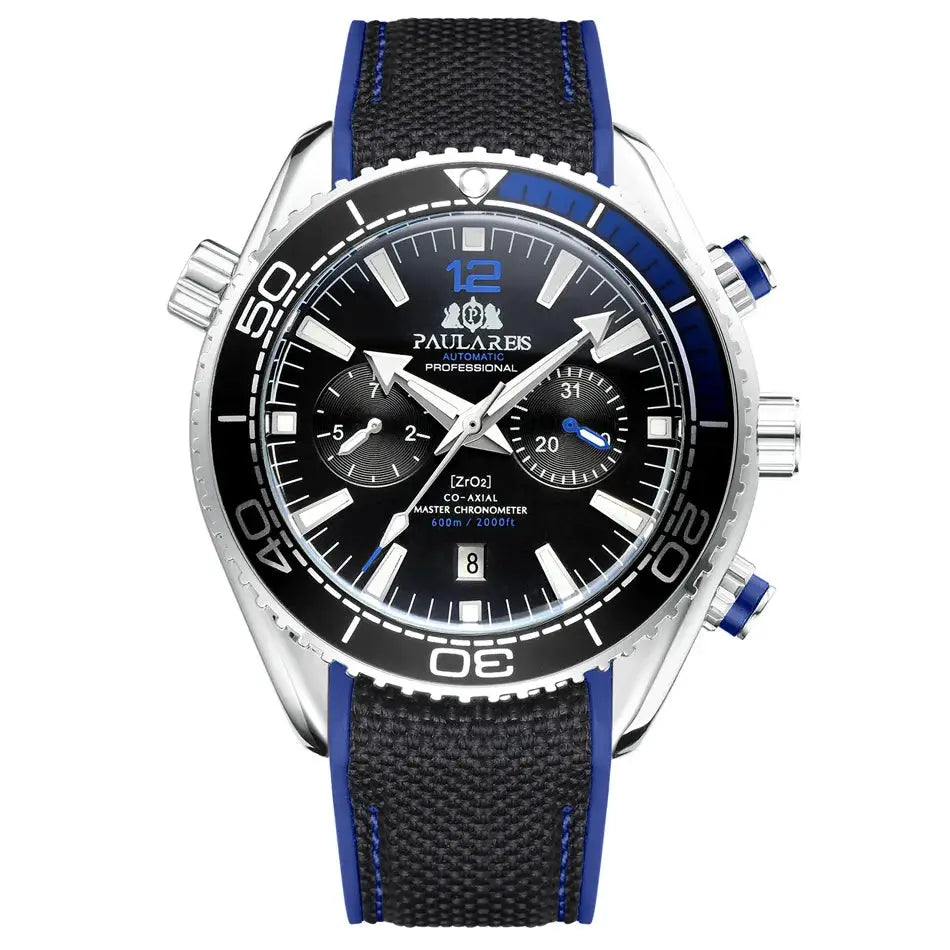 PAULAREIS P luxury men's automatic watch with black dial, blue bezel, stainless steel case, and rubber strap