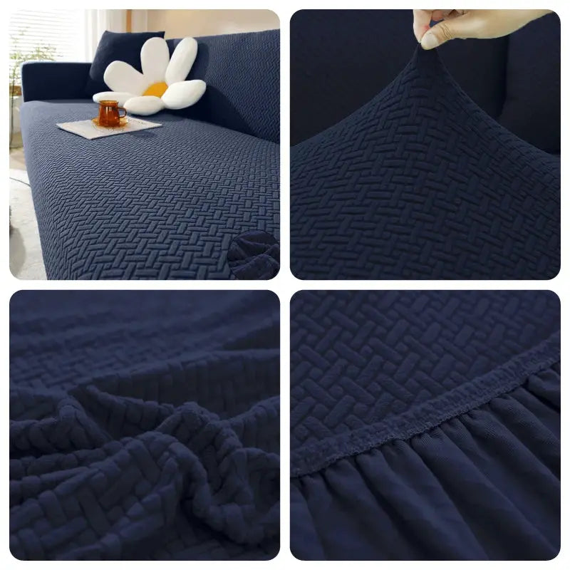 Simples Market elastic jacquard sofa cover in navy; stretch slipcover for L-shaped sectional