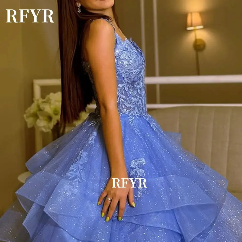 Elegant A Line Lace Evening Dress Prom Style Multilayer Gown Applique