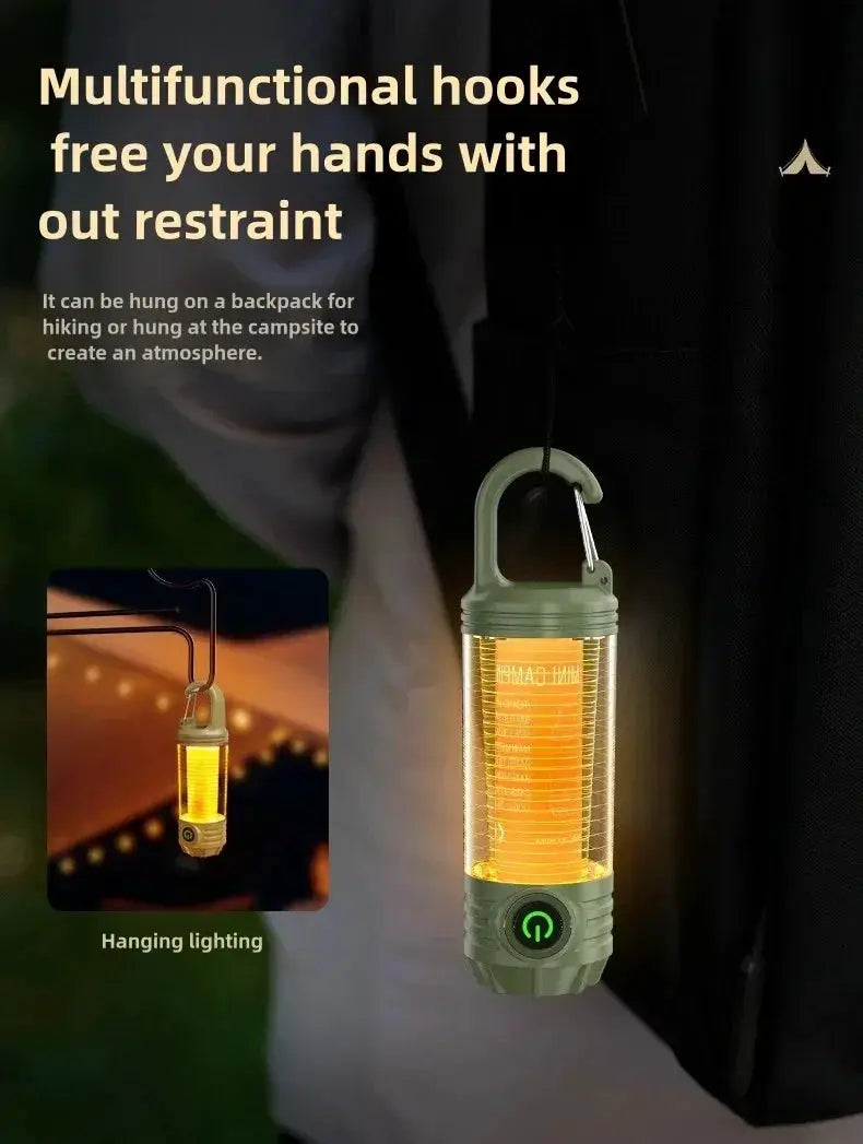 Multifunction outdoor LED lantern; olive green, rechargeable, waterproof camping light with hanging hook.