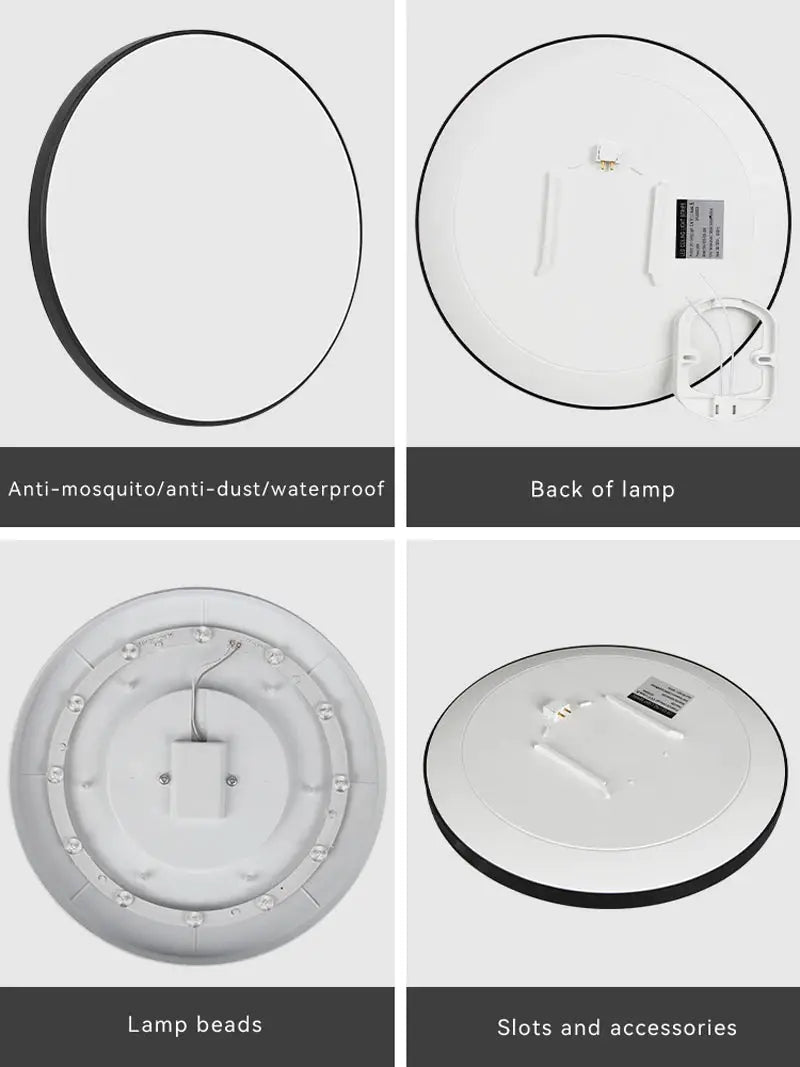 Round ultra-thin LED ceiling lamp panel, white with black rim; back shows power connector and mounting hardware.