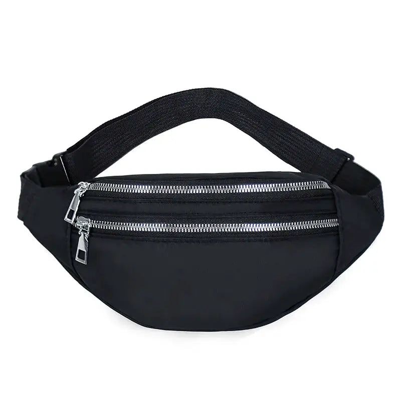 Fanny pack waist bag in black nylon with twin zipper compartments and adjustable strap