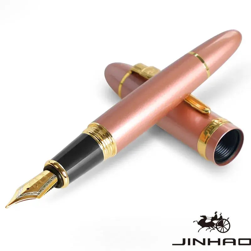 Two Jinhao 159 fountain pens with pink rose-gold bodies and gold trim