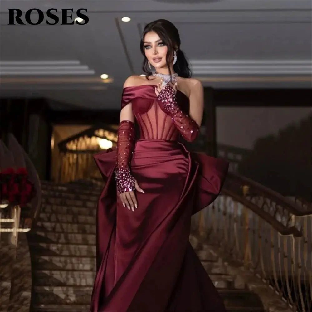 Roses Burgundy Mermaid Prom Dress One Shoulder Beading Bow Sleeve