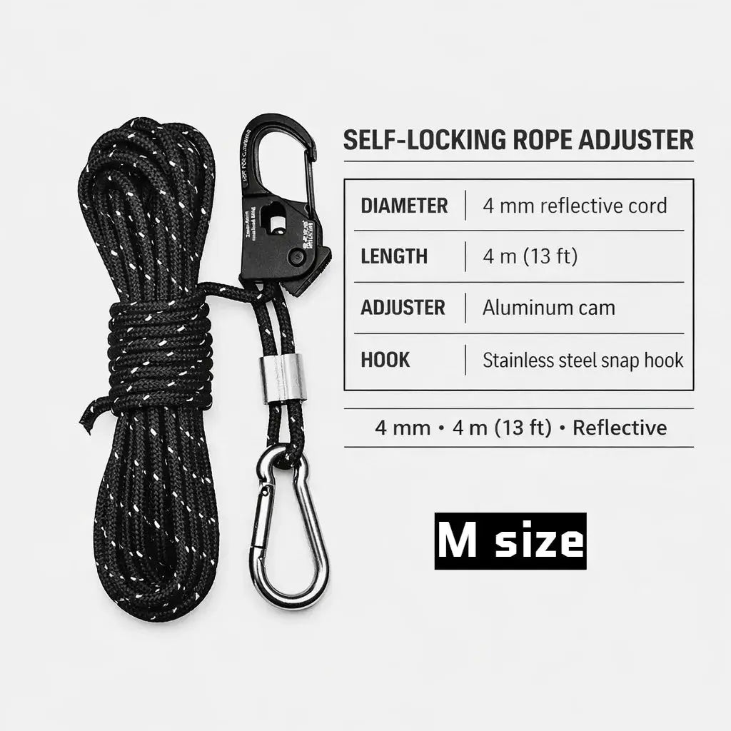Simples Market self-lock rope adjuster kit with black reflective 4 mm cord, 4 m length and stainless steel hook