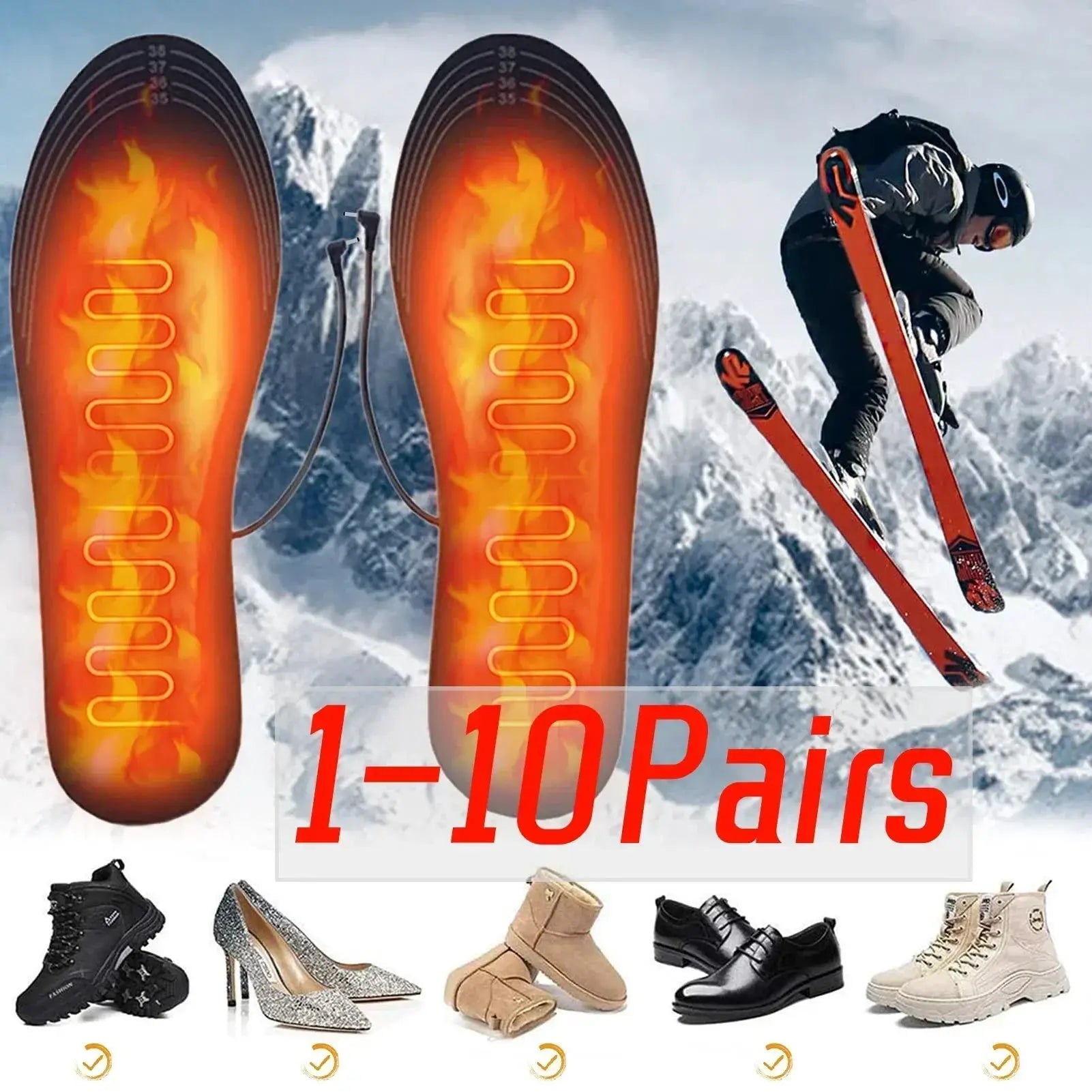 USB heated insoles pair in orange with built-in heating coils for winter warmth by Simples Market