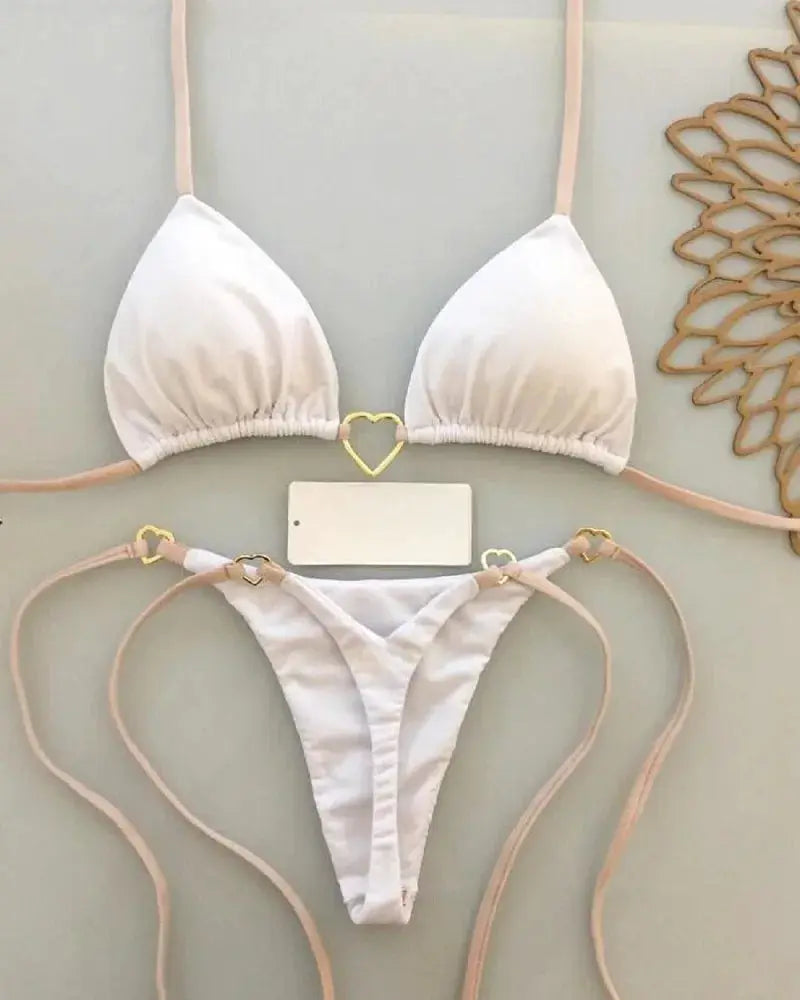 RUOTONSEPT white bikini set by Simples Market with pink straps and gold heart hardware on triangle top and thong bottom