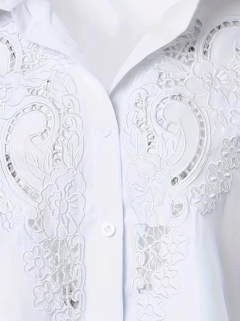Plus-size long-sleeve white blouse with intricate hollow-out floral embroidery