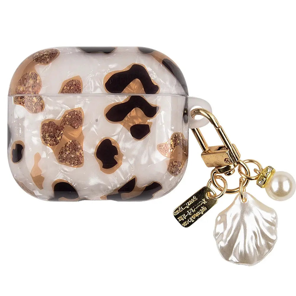 Leopard Girl AirPods Pro Case USB C 1 2 3 4 Soft Silicone Shockproof Cover With Pearl Shell Keychain