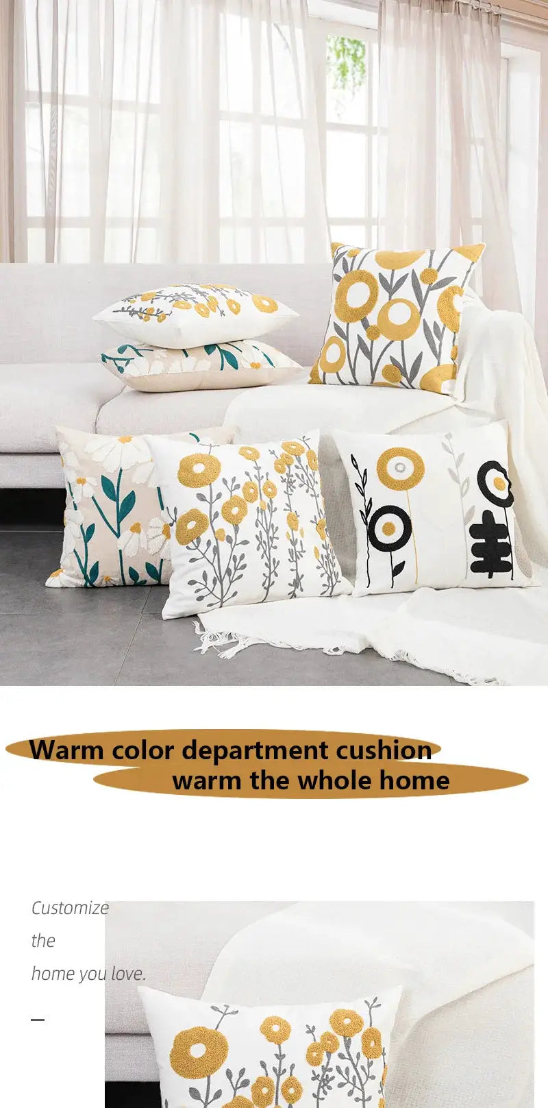 Simples Market boho floral cotton throw pillow cover; white with yellow-gray embroidery on sofa cushions