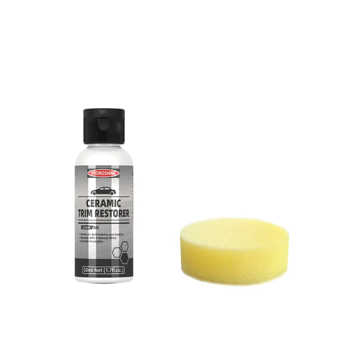 Hydroshine Ceramic Trim Restorer bottle with black cap beside yellow sponge; two items