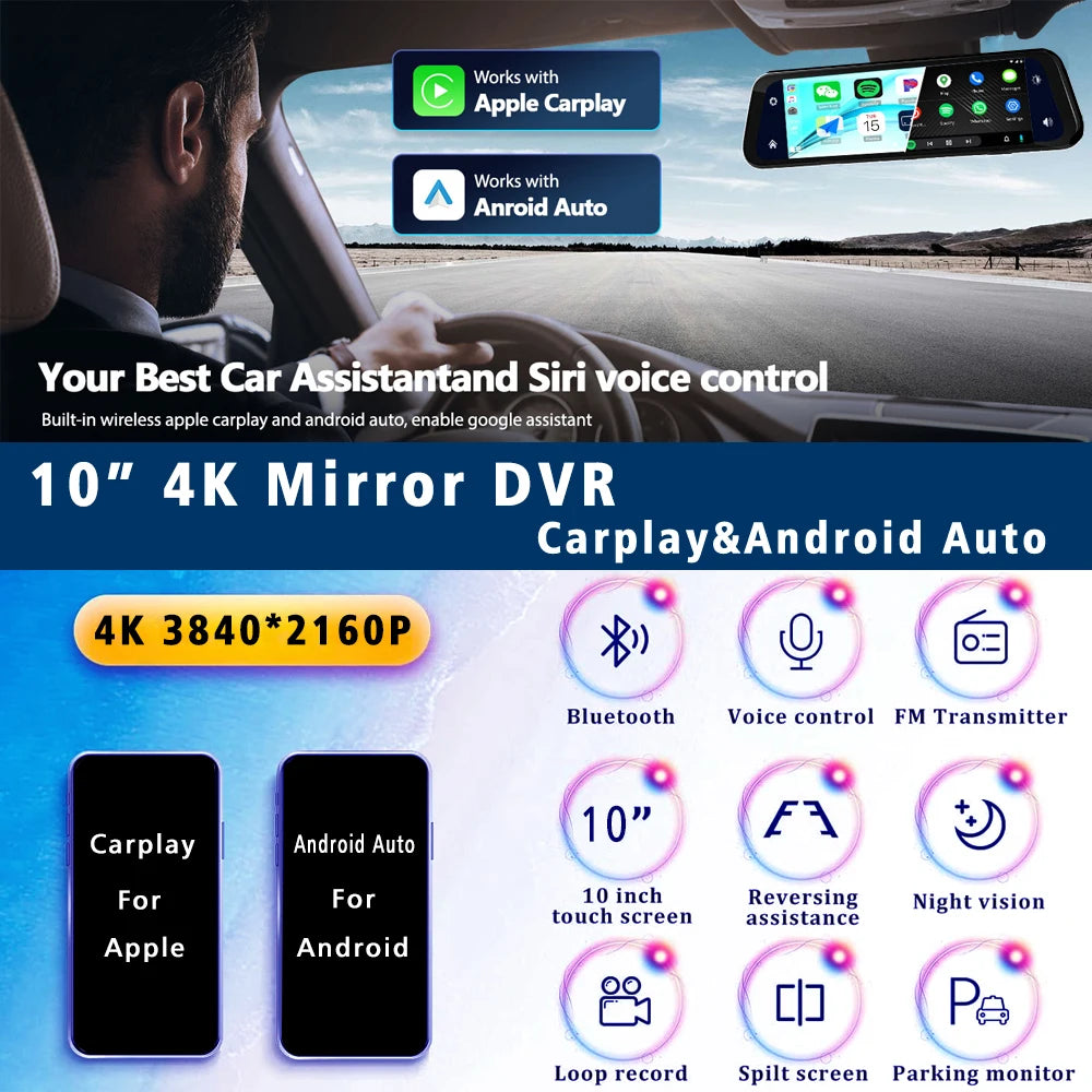 10In Dash Cam 4K 3840x2160P CarPlay Android Auto GPS WiFi Rear Mirror
