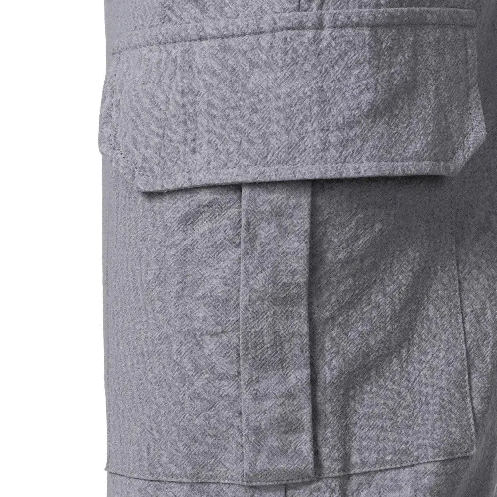 Simples Market men's cargo trousers in gray cotton-linen with flap side pocket