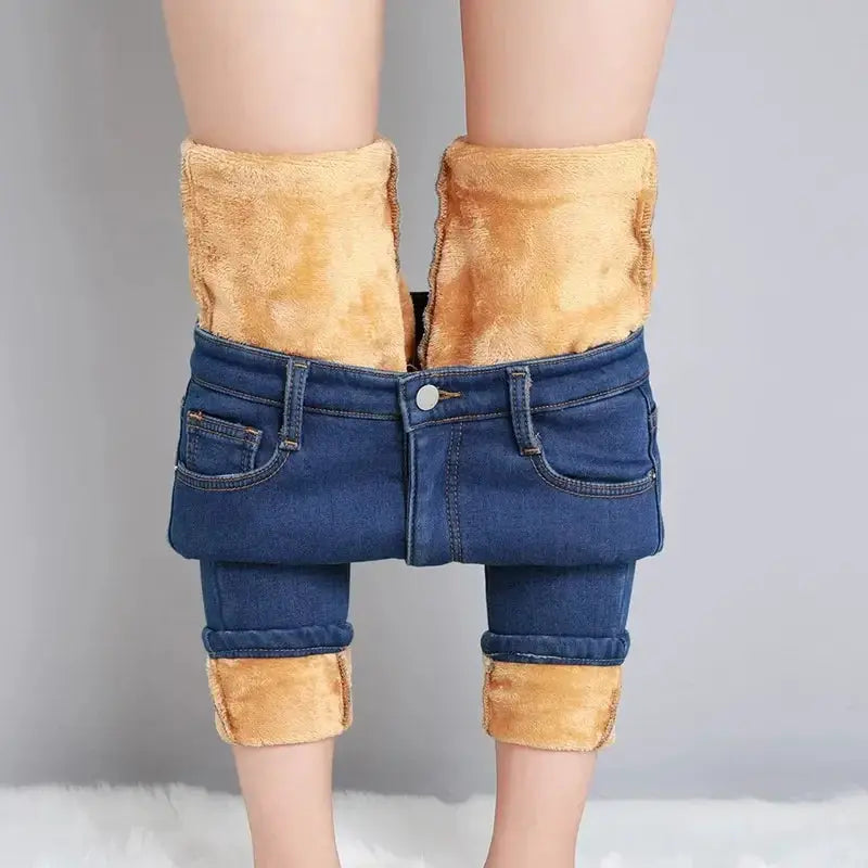 Women Thermal Jeans Fleece Lined Warm Stretch Slim Fit Pants Korean