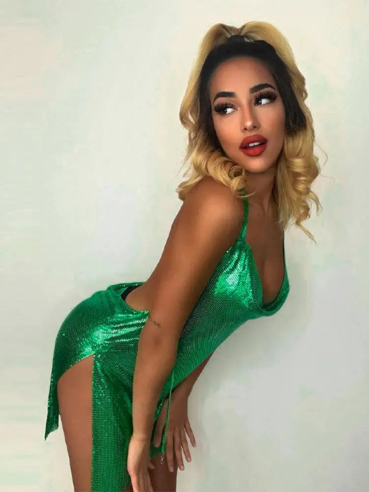Glamora Hanging Neck Backless Sequin Short Dress for Party Nights and Dance Events