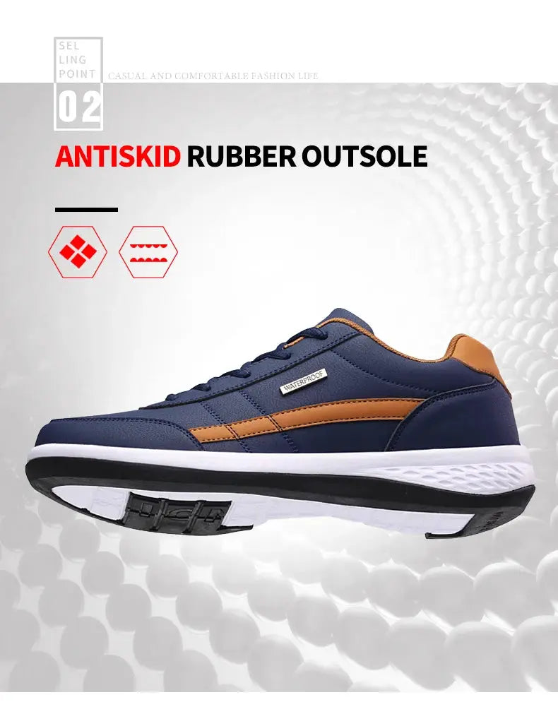 Leather men's sneakers by Simples Market in navy with tan accents, breathable casual shoes with non-slip rubber outsole.