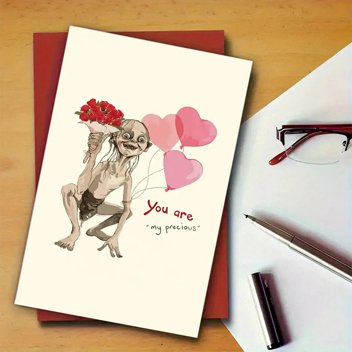 Valentine's Day greeting card with envelope; Simples Market dachshund design with roses and pink balloons