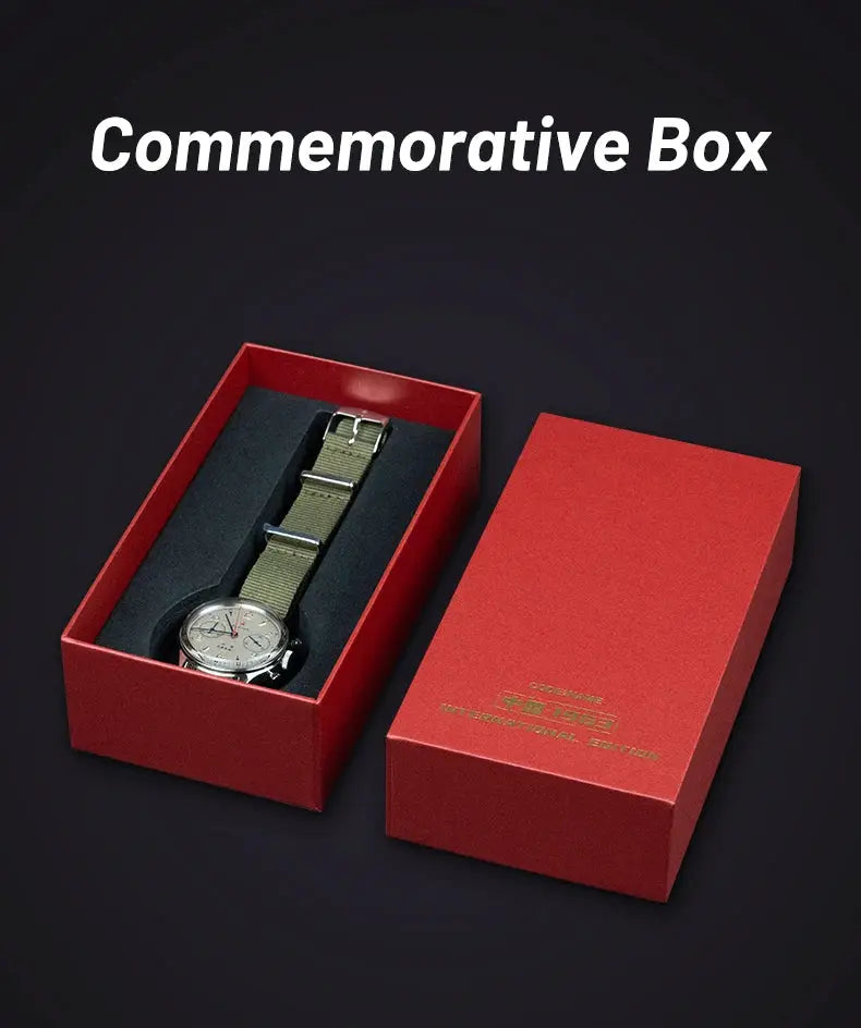 Seagull 1963 International Edition men's mechanical watch with olive green NATO strap in a red commemorative box