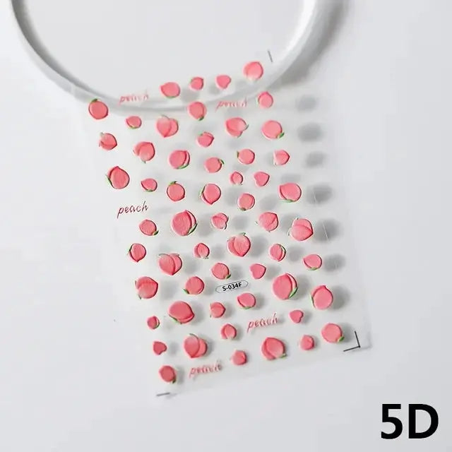Nail art stickers sheet featuring pink translucent peach jelly 5D embossed self-adhesive fruit decals for manicure
