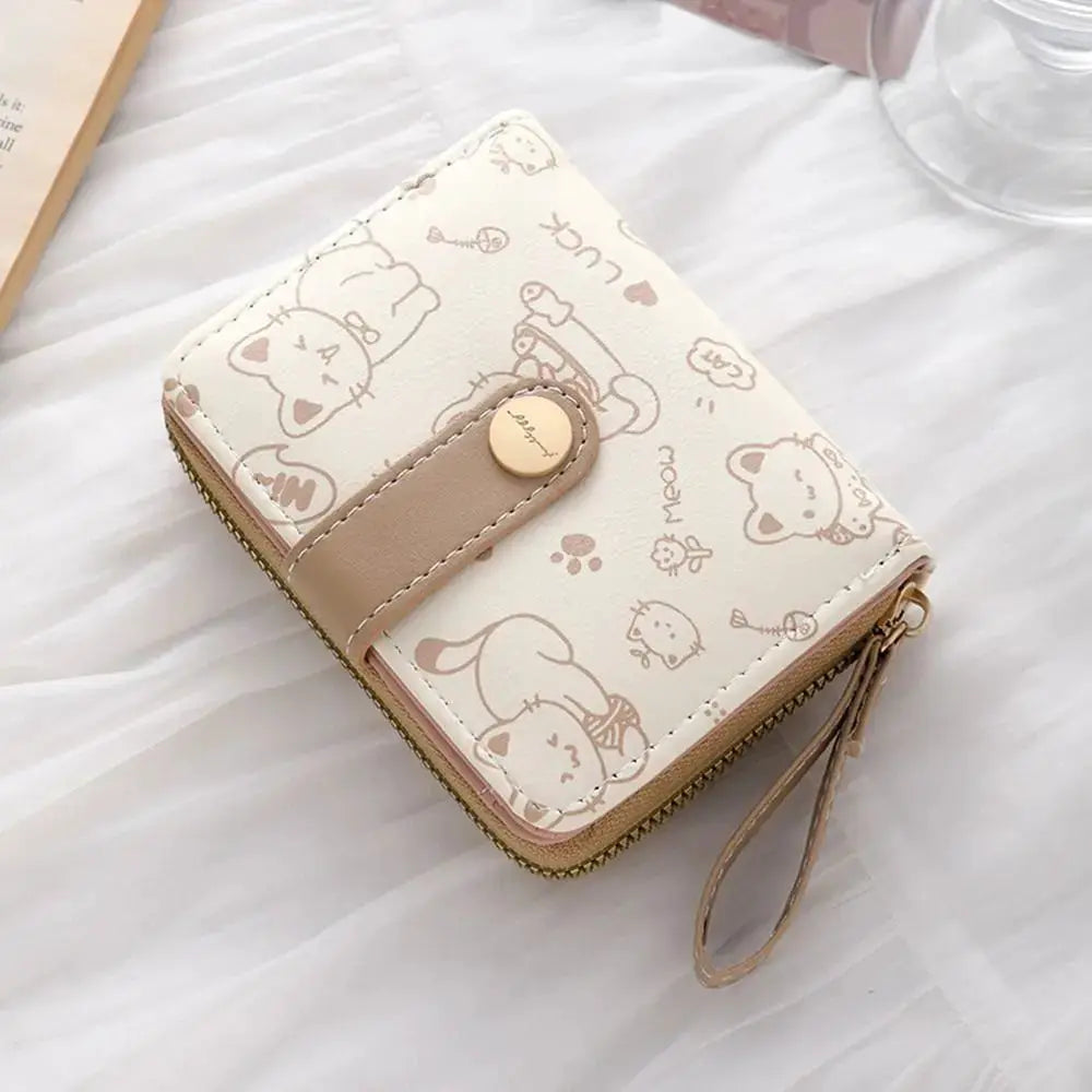 Cat-themed PU leather coin purse wallet in cream with pink strap and zipper, travel wallet featuring cute cat patterns