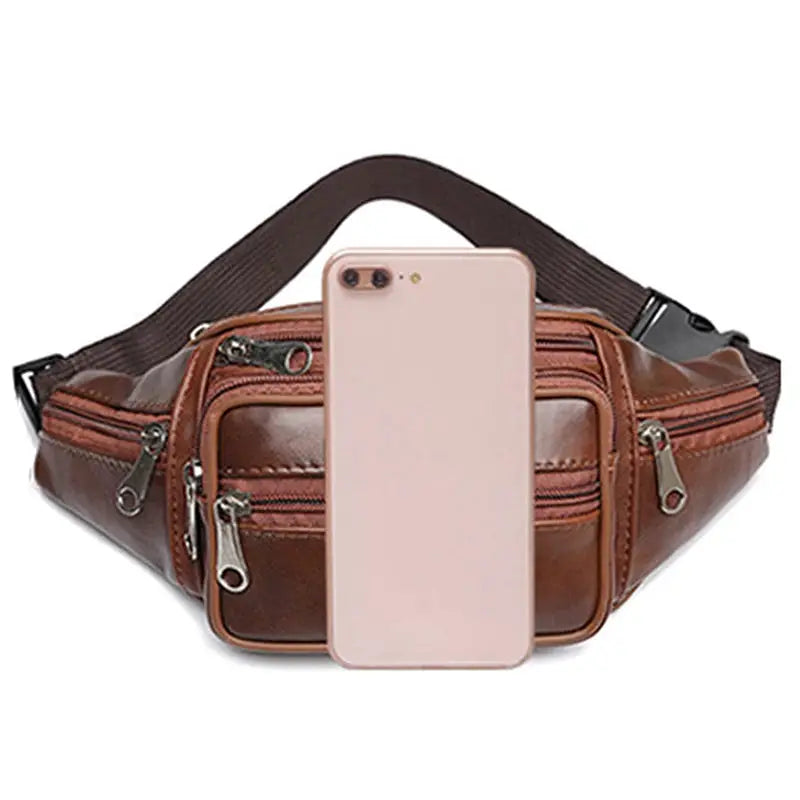 Men's waist bag in brown PU leather by Simples Market with multiple zip pockets and adjustable strap
