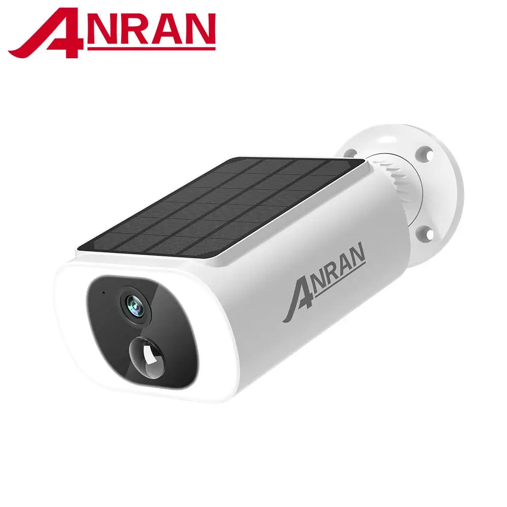 ANRAN 2K solar security camera, outdoor wireless battery cam with solar panel in white housing