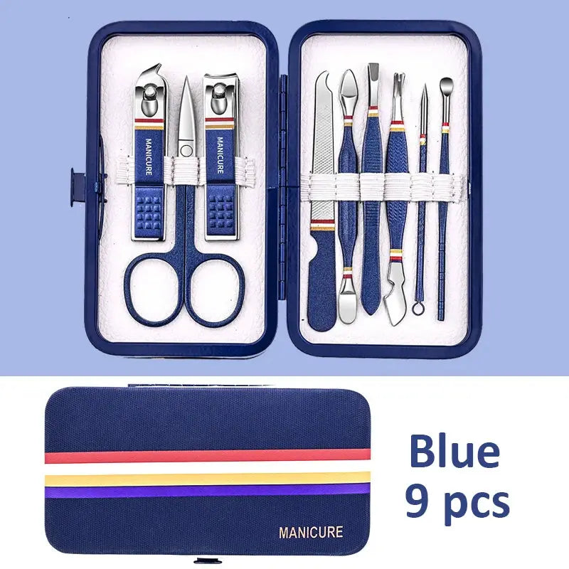 Manicure nail care set, 9 pcs in a blue stainless steel tools case