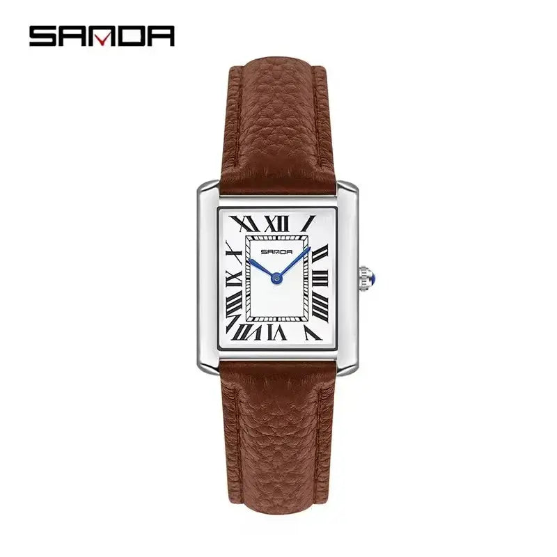 SANDA 9031/1108 unisex luxury quartz watch with brown leather strap, rectangular silver case