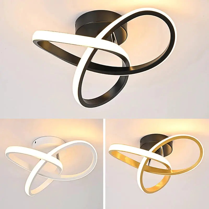Modern LED ceiling light fixture with intertwined rings, surface-mounted, in black, white, and gold options.