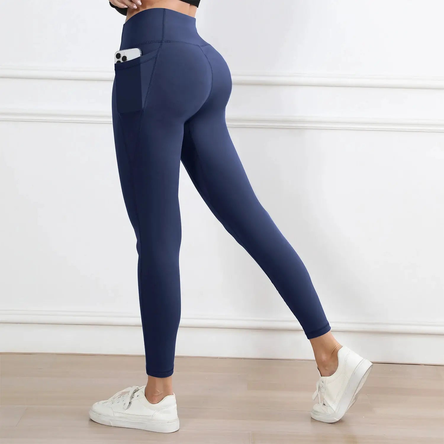 Women's navy blue leggings with pockets, high-waist butt-lifting workout tights