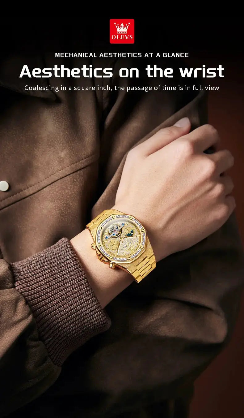 OLEVS gold steel men's automatic mechanical tourbillon wristwatch