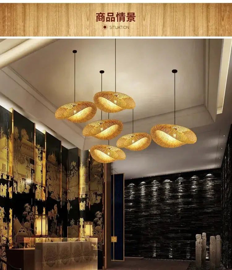 Bamboo weaving LED pendant lights; handmade vintage chandelier, six warm golden tones for dining and living rooms.