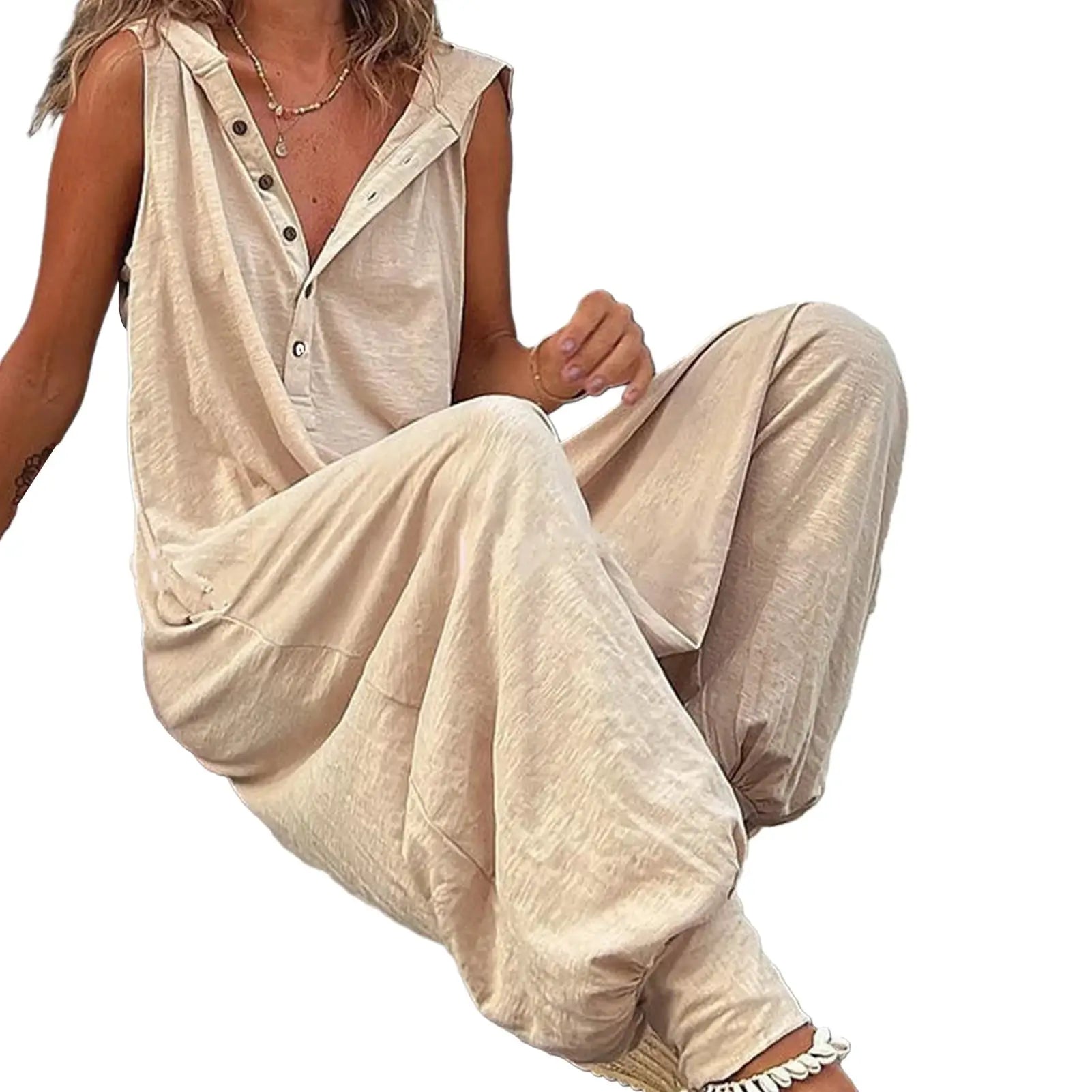Women's cotton overalls by Simples Market, sleeveless, light beige Bohemian casual jumpsuit.