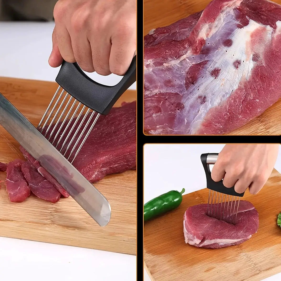 ChefCraft Stainless Steel Onion Slicer Holder And Meat Tenderizer Multipurpose Cutting Tool With Full Grip Handle