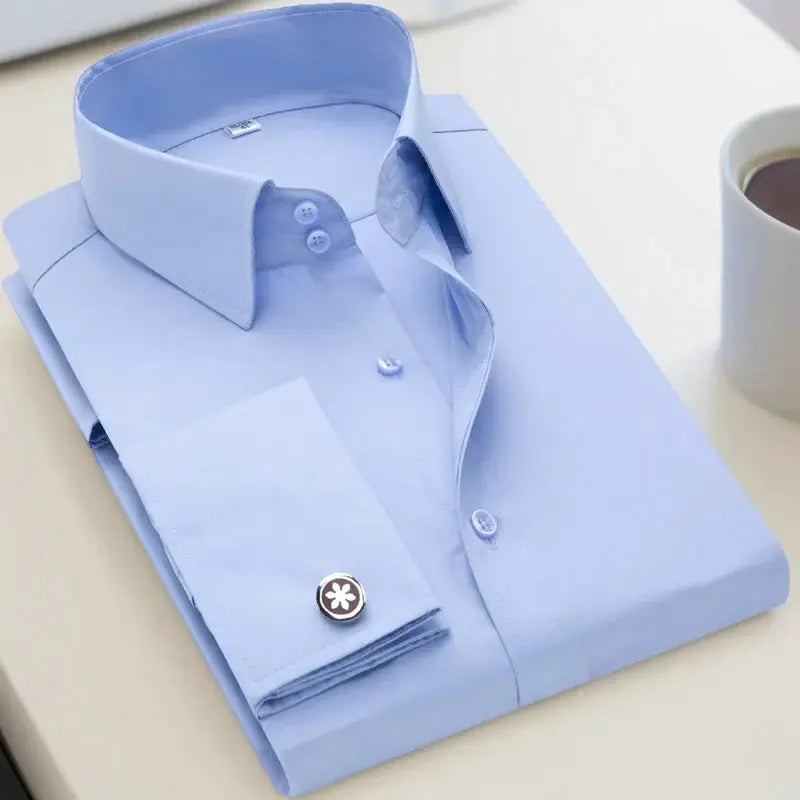 Men's light blue dress shirt with French cuffs and cufflinks, slim fit long sleeve.