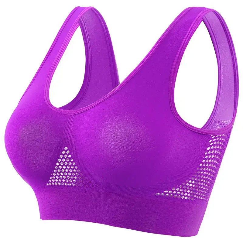 Simples Market women's plus-size breathable mesh sports bra, wireless, seamless, purple with mesh panels