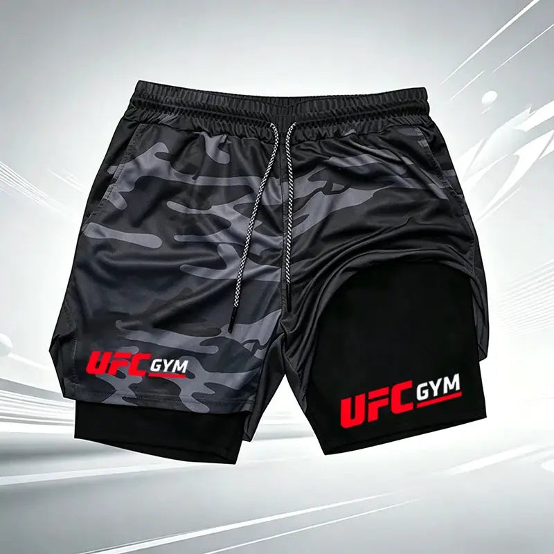 Men's UFC GYM 2-in-1 compression shorts with built-in liner; gray camo outer with black inner, UFC GYM logo