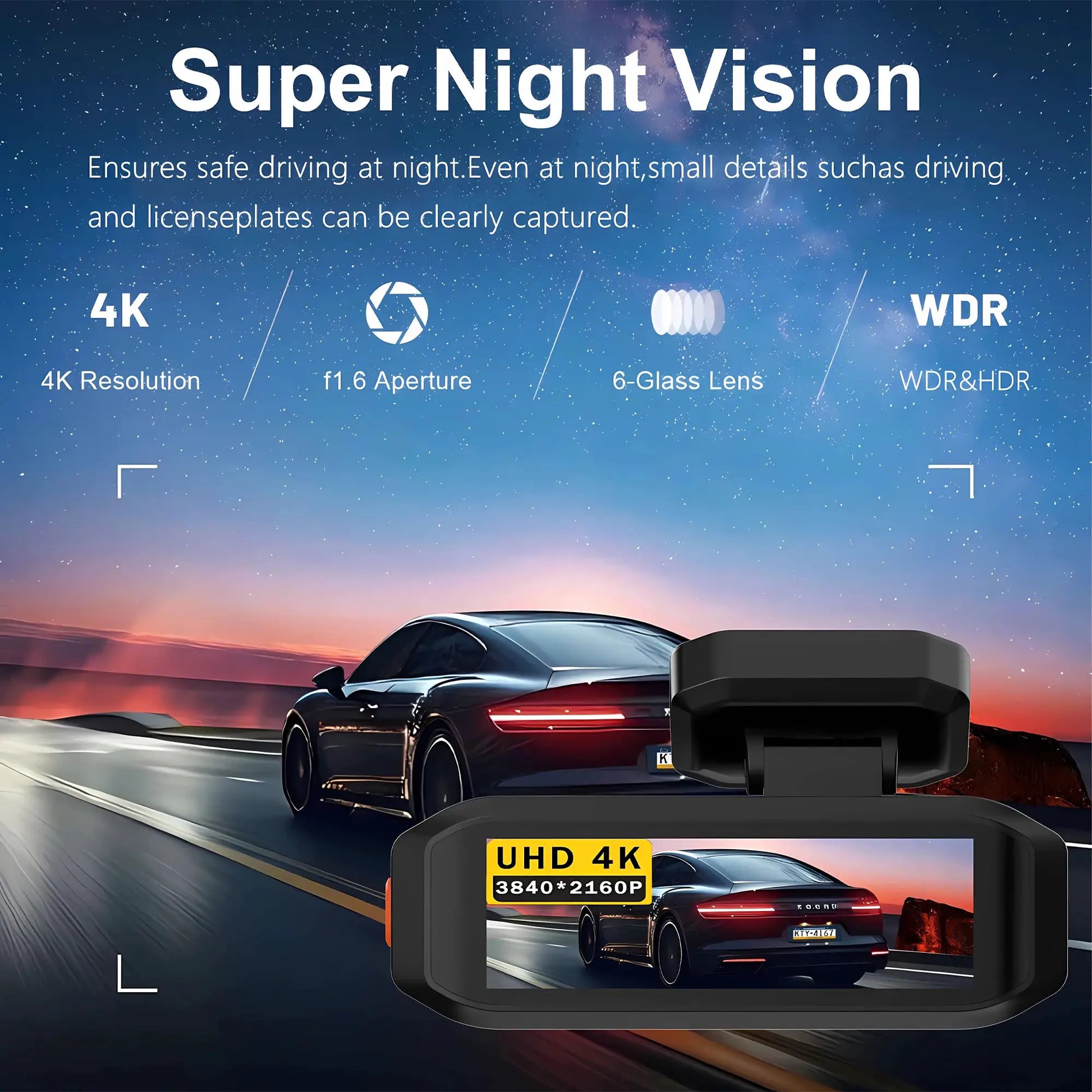 Simples Market 4K dash cam, black, front 4K and rear 2.5K DVR with WiFi GPS ADAS night vision