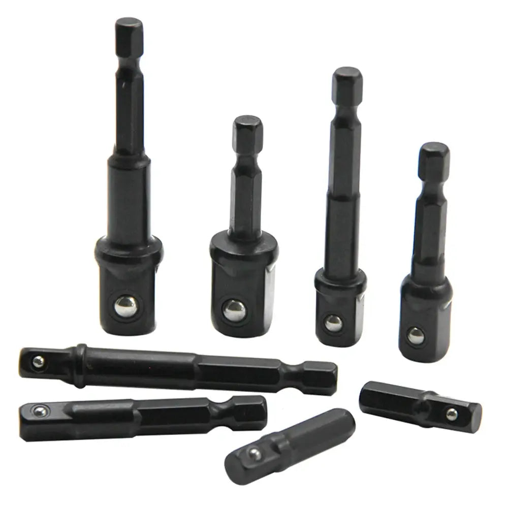 8 Piece Black Electric Screwdriver Set With Hex Handle Adapters And 3 Eighths Square Head And 1 Quarter Extension Rod