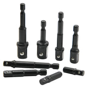 8 Piece Black Electric Screwdriver Set With Hex Handle Adapters And 3 Eighths Square Head And 1 Quarter Extension Rod