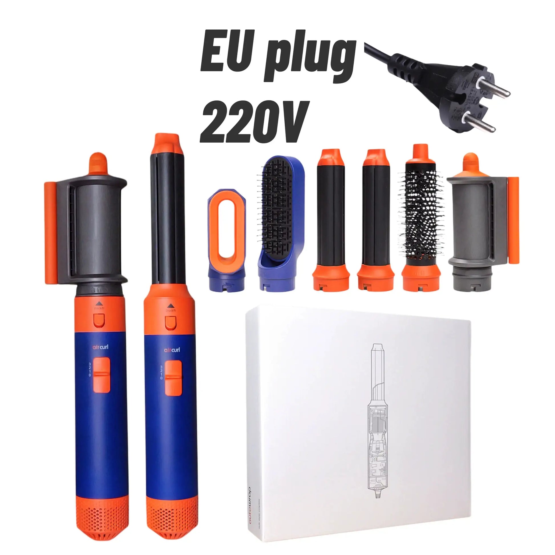 6-in-1 hair styler kit with orange and blue attachments and curling barrels