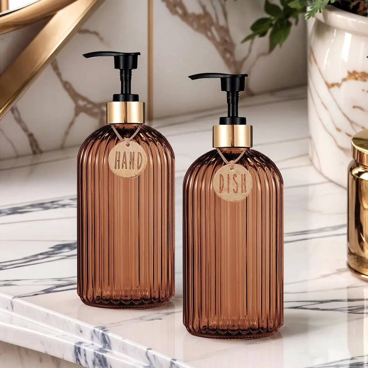 Amber Dish Soap Dispenser Bottle 500ml Reusable Hand Press Kitchen