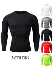 Men's compression rashguard long-sleeve shirt in black; also shown in white, gray, red and neon lime (5 colors total).