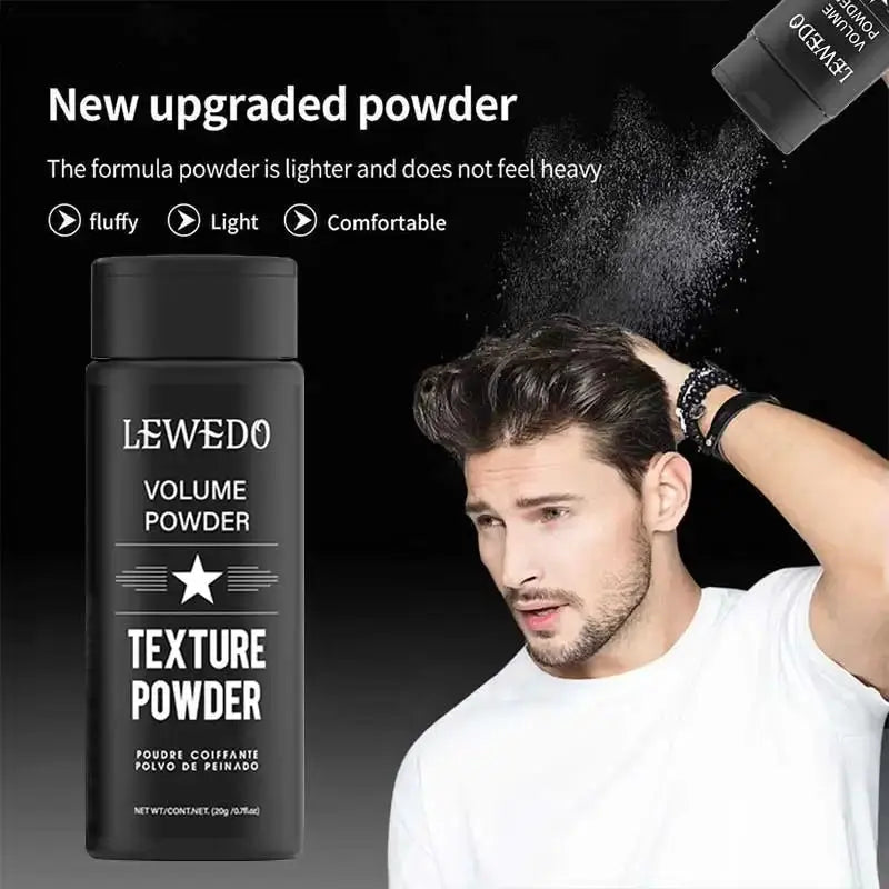 Lewedo volume powder bottle in black with texture powder for hair, man styling hair.