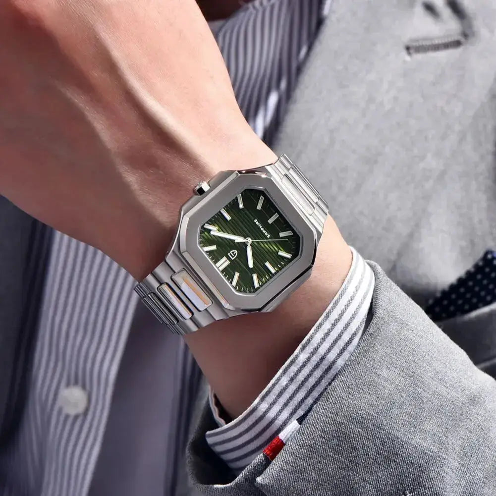 Pagani Design men's stainless steel watch with green dial and steel bracelet