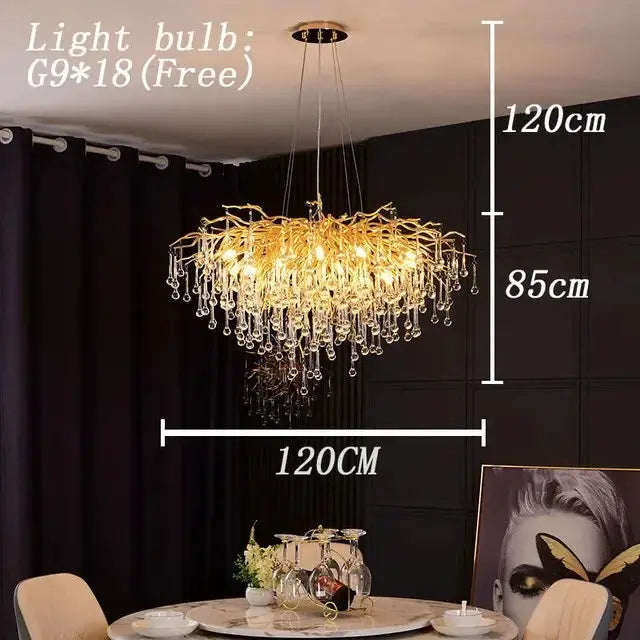 Royal Nordic luxury crystal chandelier; gold chrome water-drop pendant light with hanging crystals by Simples Market