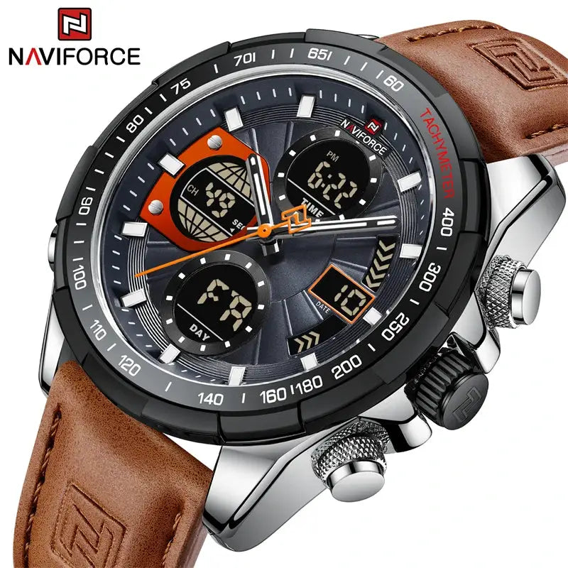 NAVIFORCE men's sport watch with black dial, dual displays, tachymeter bezel, brown leather strap.