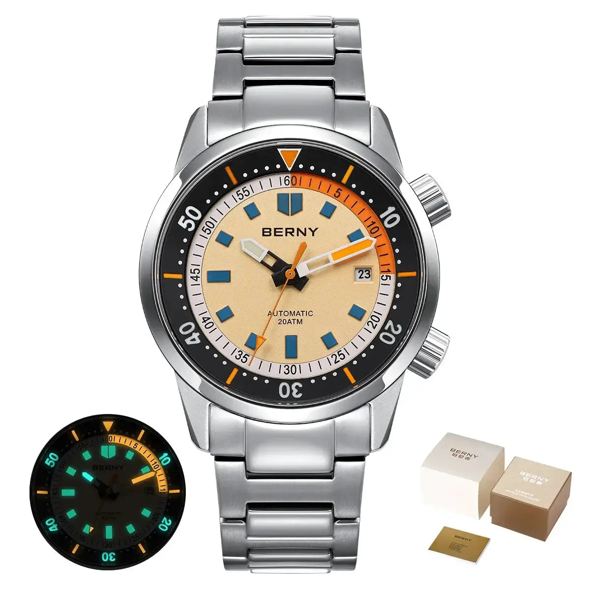 BERNY men's 42mm stainless steel dive watch with beige dial, blue markers; glow-in-the-dark display and packaging.