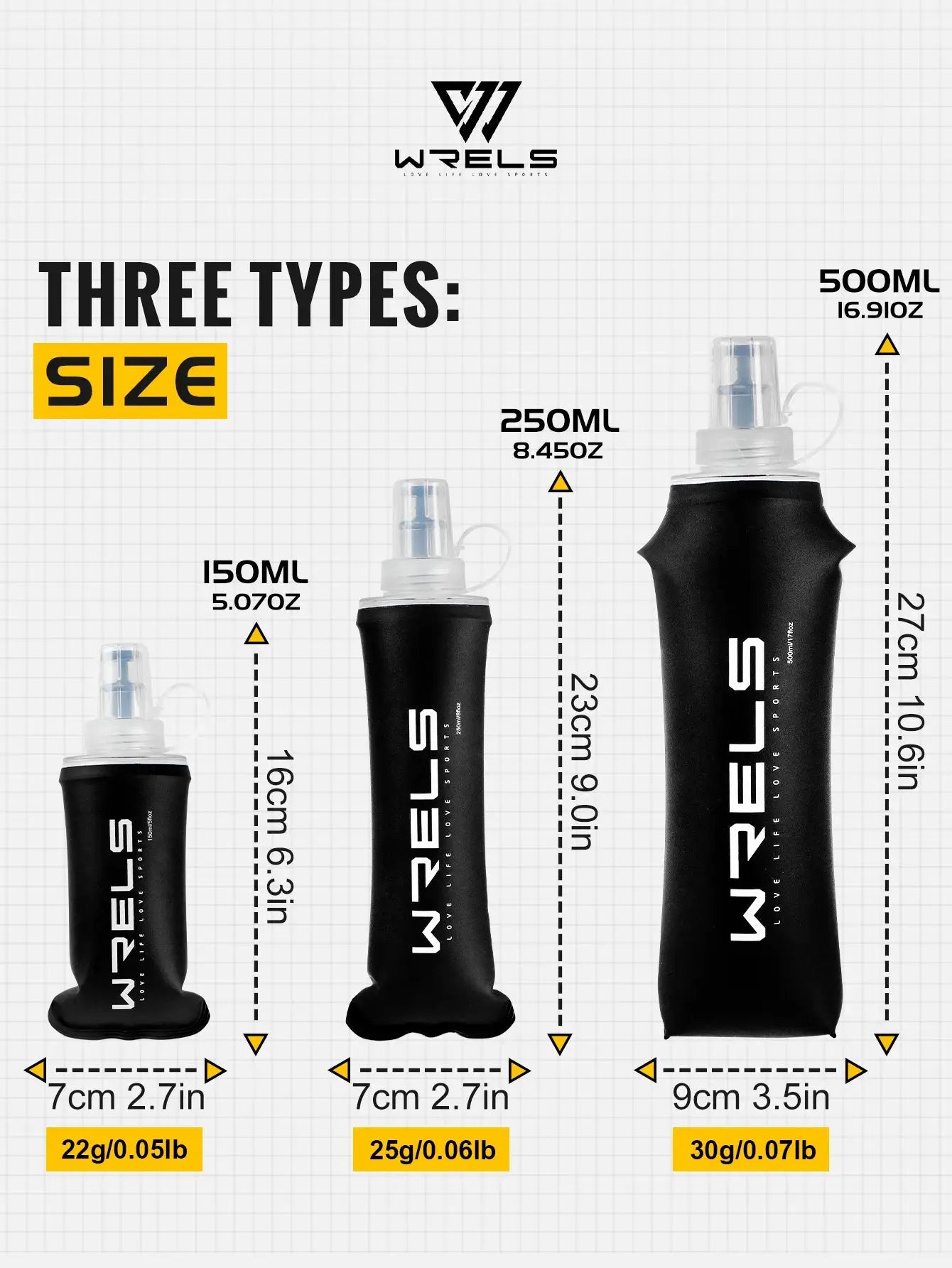 WRELS soft flask hydration bottle by Simples Market; TPU, BPA-free, collapsible, shown in 150ml, 250ml, and 500ml.