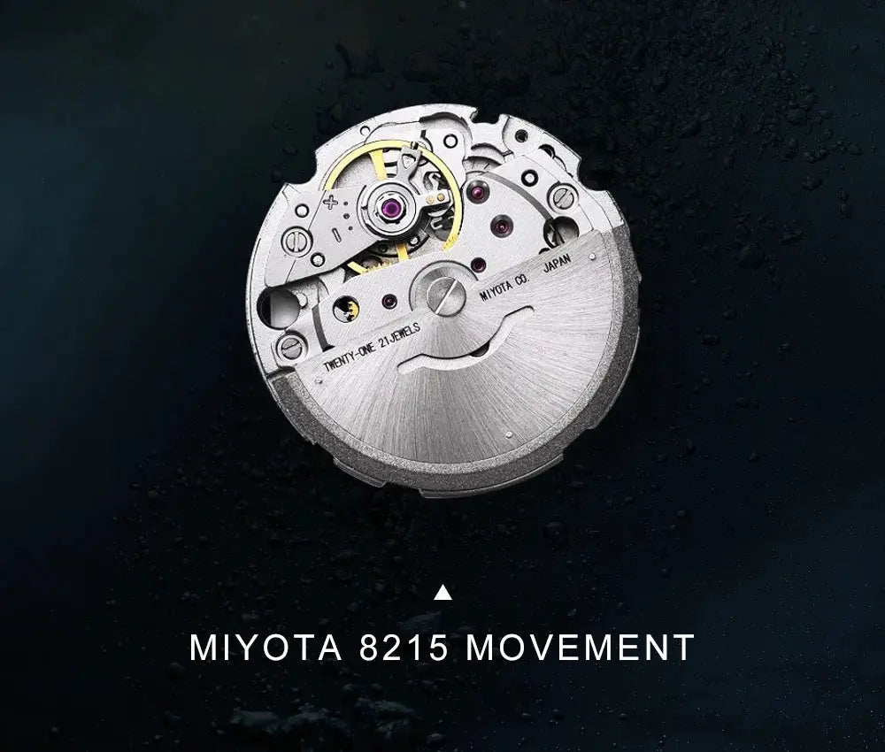 Miyota 8215 movement close-up in silver metal, automatic watch mechanism